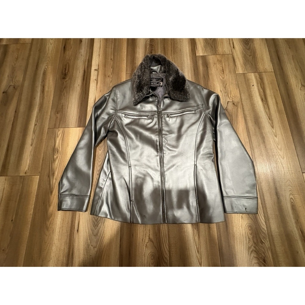 Vintage Urban Vibe Silver Faux Leather Coat Jacket Removable Collar Woman's Sz L